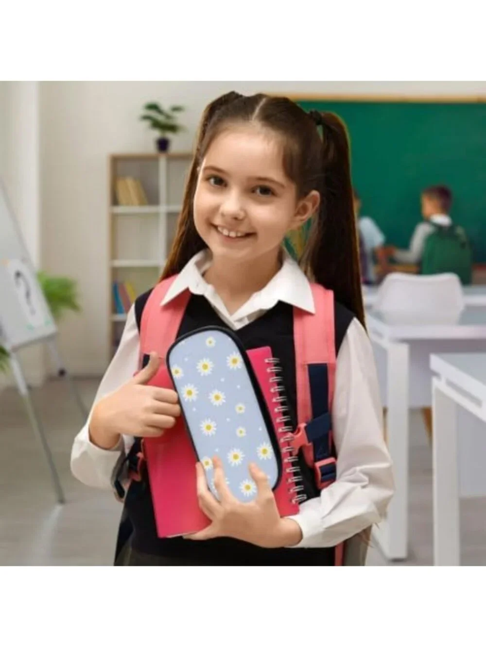 Cute Blue Daisy Flower Large Pencil Case | Stylish Pouch for Kids & Teens